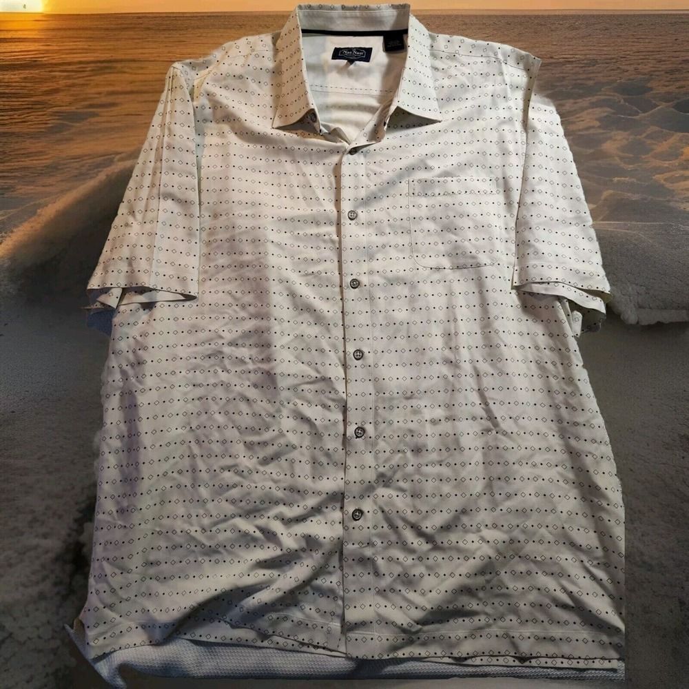 Nat Nast Shirt Men's 2XL Button Up 100% Silk Hawaiian White Geometric 1098